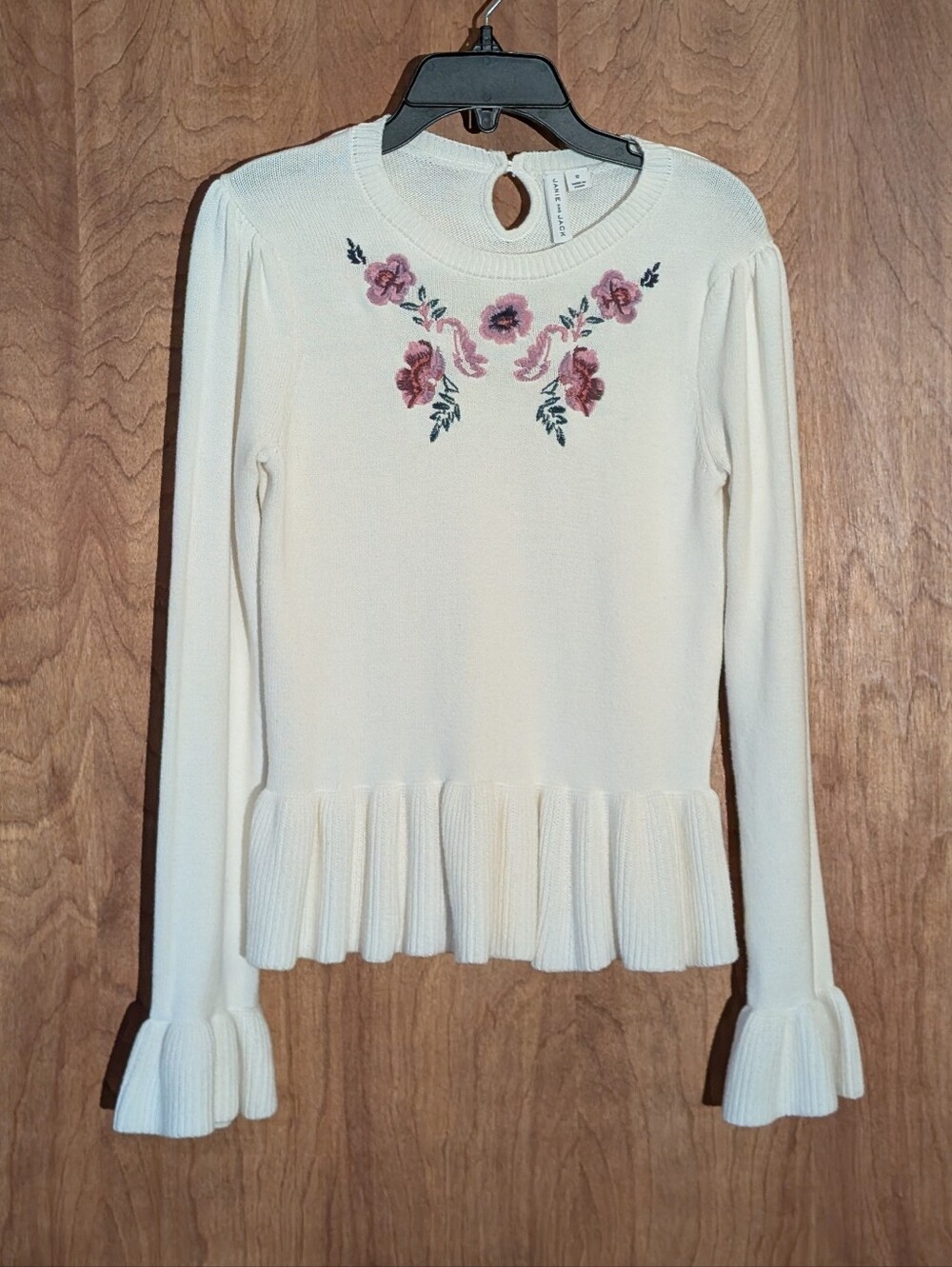 Janie and Jack Girls Ivory Floral Embroidered Sweater Flutter Sleeves 12
